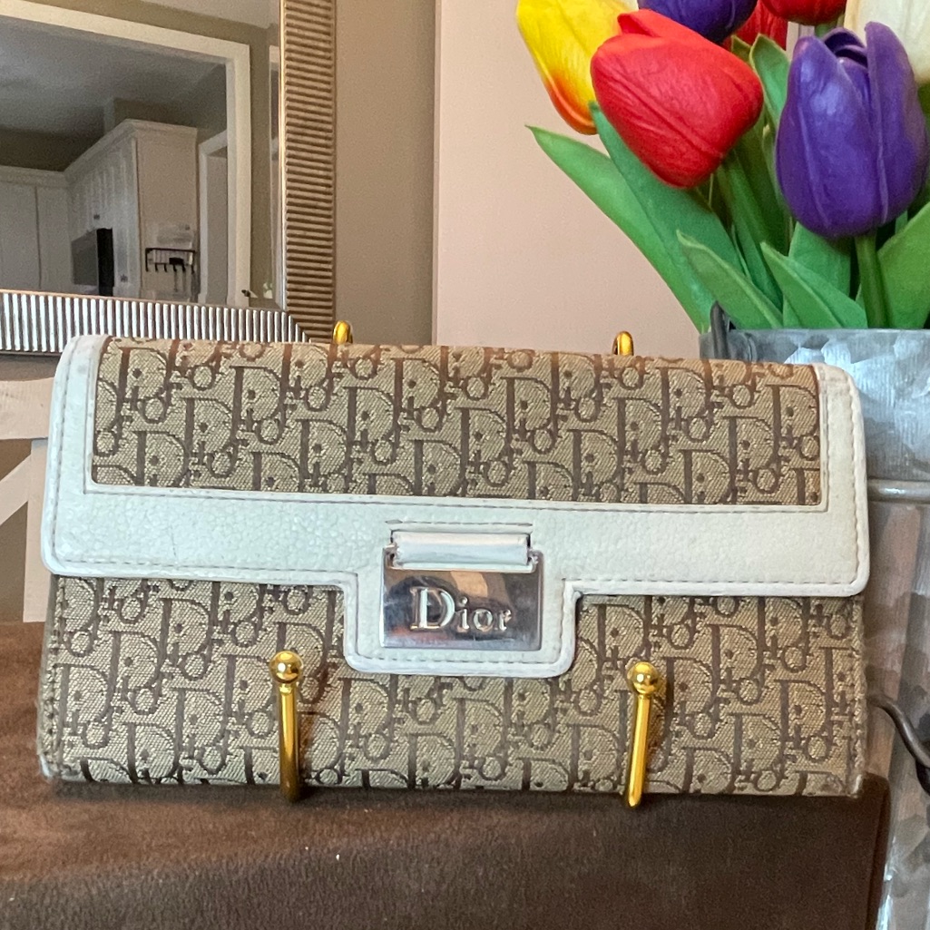 Dior Trotter Style Canvas And Cream Leather Wallet